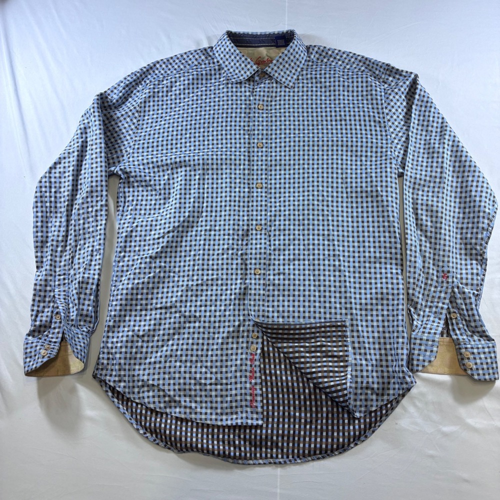 Robert Graham Mens 2XL Blue Gingham Check Button Down Shirt Cotton Silk Trim